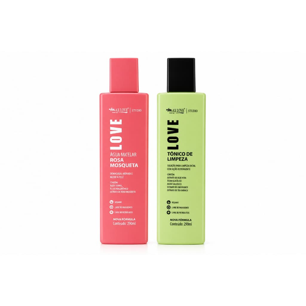 Kit 2 itens Limpeza Facial Completa Água Micelar Rosa Mosqueta + Tônico Facial Love Pele Limpa e Hidratada