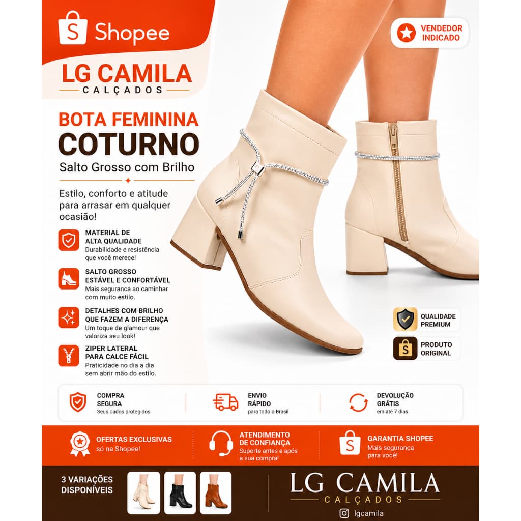 Bota Feminina coturno bico fino de salto grosso com brilho removível Cores