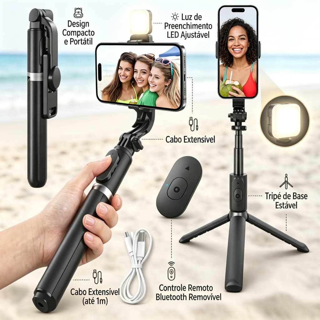 Tripé Selfie com Luz LED e Controle Bluetooth - 2 em 1, Ajustável, Portátil para Fotos e Vídeos