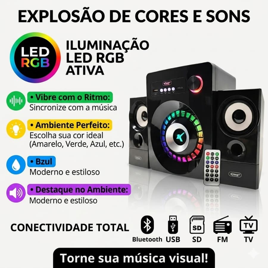 Caixa Som 2.1 Subwoofer Bluetooth Aux P2 Usb Knup Kp-6022BH Para Televisão Notebook Computador Radio FM