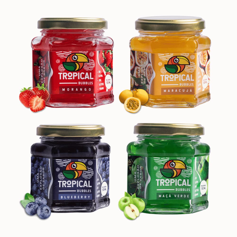 Kit 4 Tropical Bubbles para Drinks e Sobremesas - Pote 150ml (Esferas Gelatinosas)