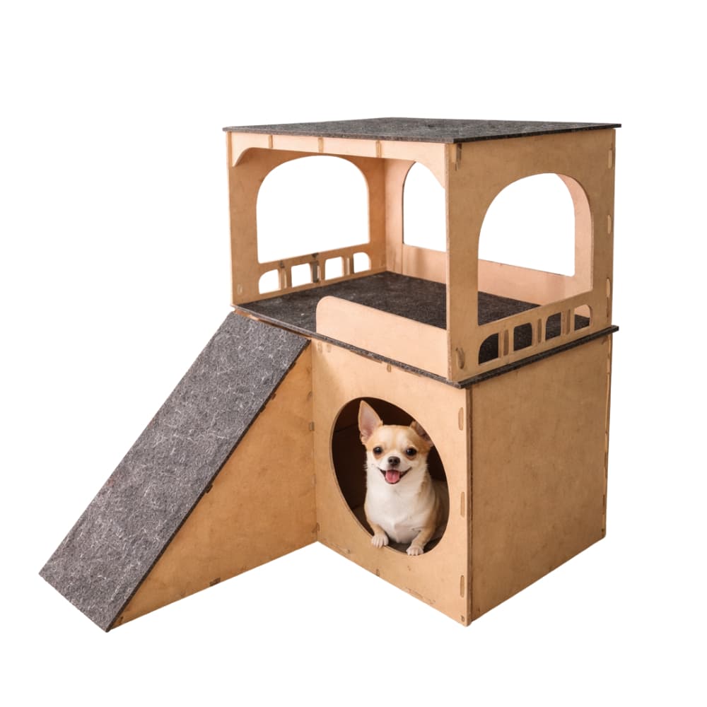 Casa Casinha Cachorro Gatos Pet 2 Andares com Rampa em MDF e Carpete – Conforto e Diversão