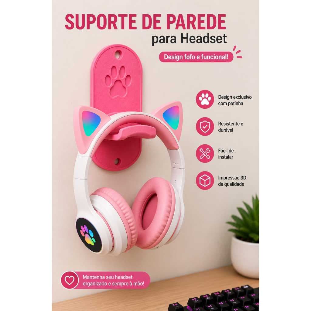 SUPORTE HEADSET FONE DE OUVIDO GATO CARINHA ORELHAS DE GATO E DIVERSOS