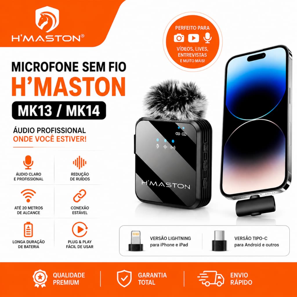 Microfone Sem Fio Lapela H'maston MK13/14 Anti Ruído Duplo Profissional Para Tipo-C e Lighting