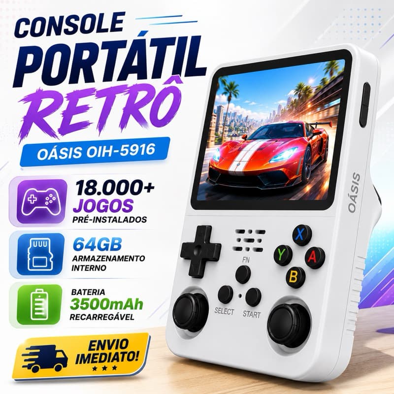 Console Portátil Retrô Oásis Mais de 18.000 Jogos |64GB- Tela IPS HD 3,5” |Processador RK3326 |Bateria 3500mAh |OIH-5916