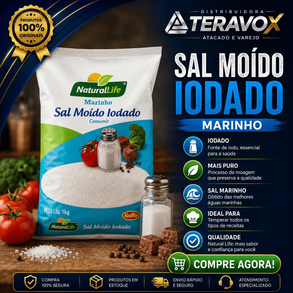 Sal Marinho Moído Iodado Comum 1kg Natural Life Kodilar para Cozinha e Churrasco
