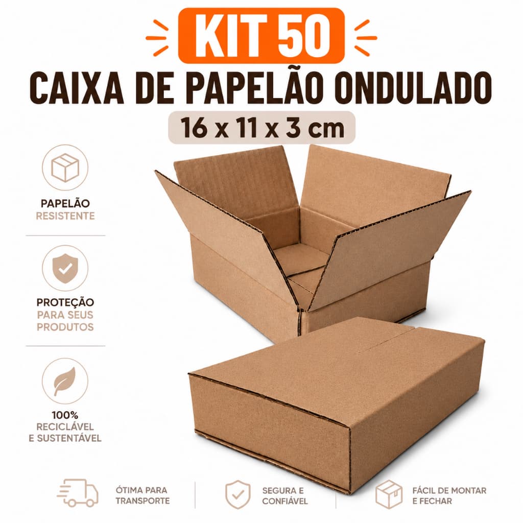 Kit 50 Caixas de Papelão Ondulado 16x11x3 Caixa de Envio Correio Sedex E-commerce Pac