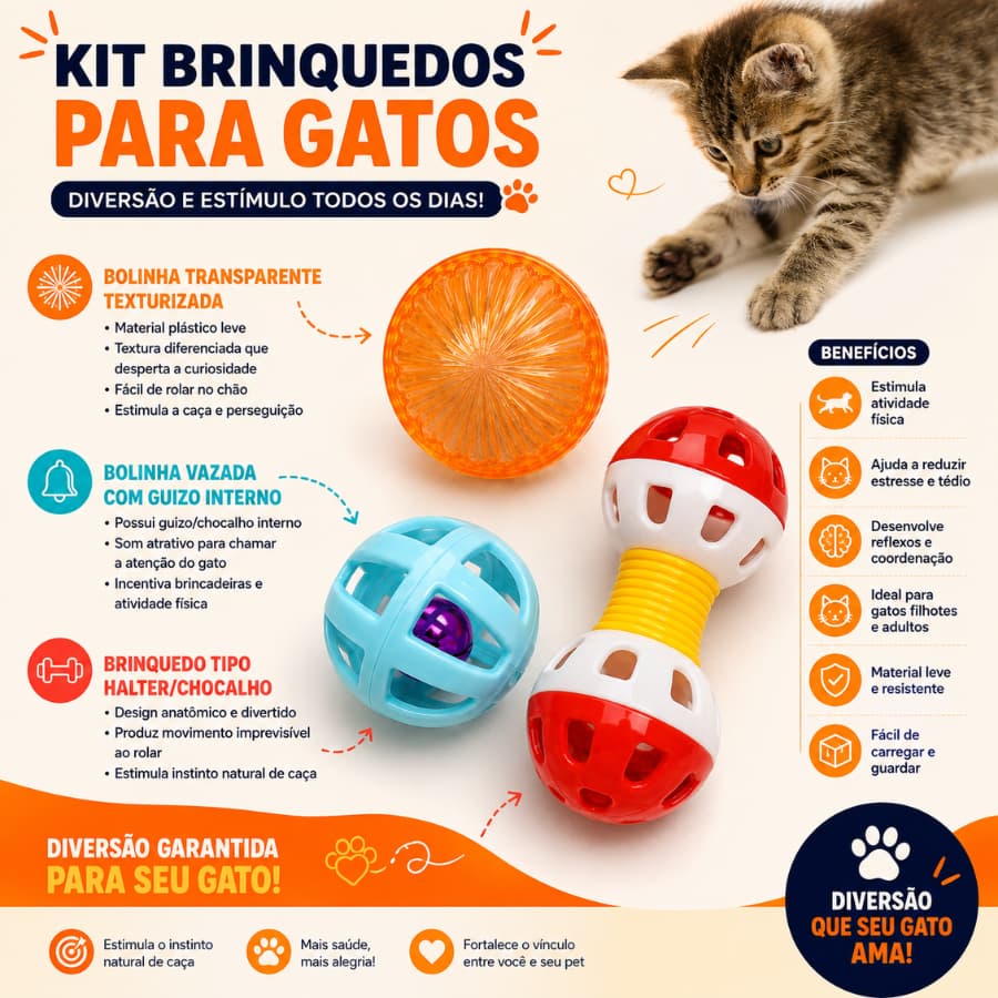 Brinquedo Gato Kit 4 Bolinhas Plásticas Com Guizo Estimula Caça E Diversão Pet