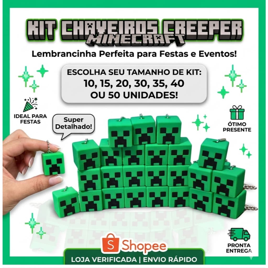 Kit Chaveiro Creeper Minecraft | Lembrancinha Festa Infantil | Brinde Aniversário Gamer | + Brinde