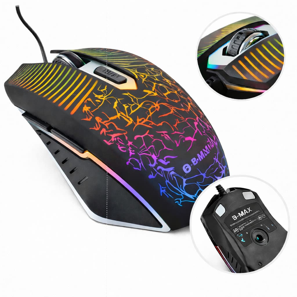 Mouse USB RGB Gamer 3600 DPI 6 Botões Ergonômico Original B-MAX