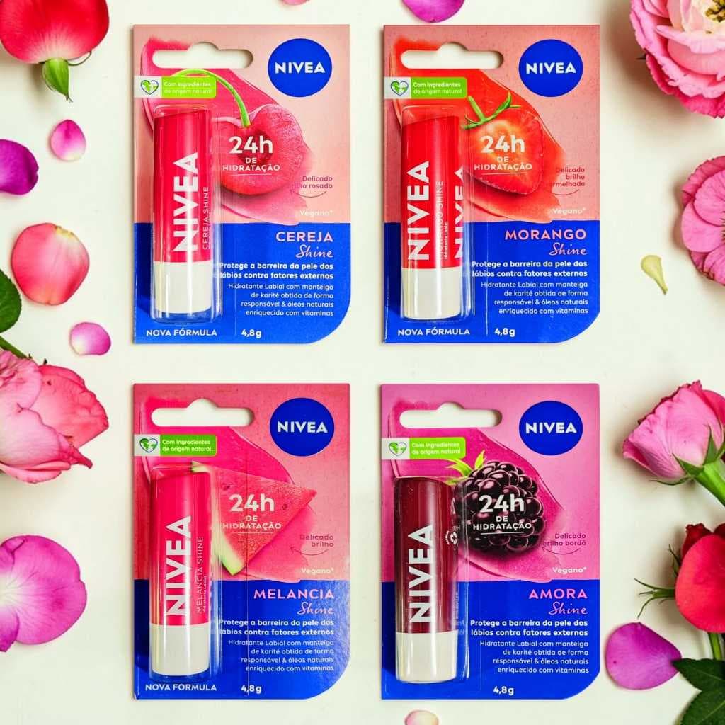 NIVEA Hidratante Labial Cereja Morango Amora Melancia Shine 4,8g Hidratação Intensa 24h