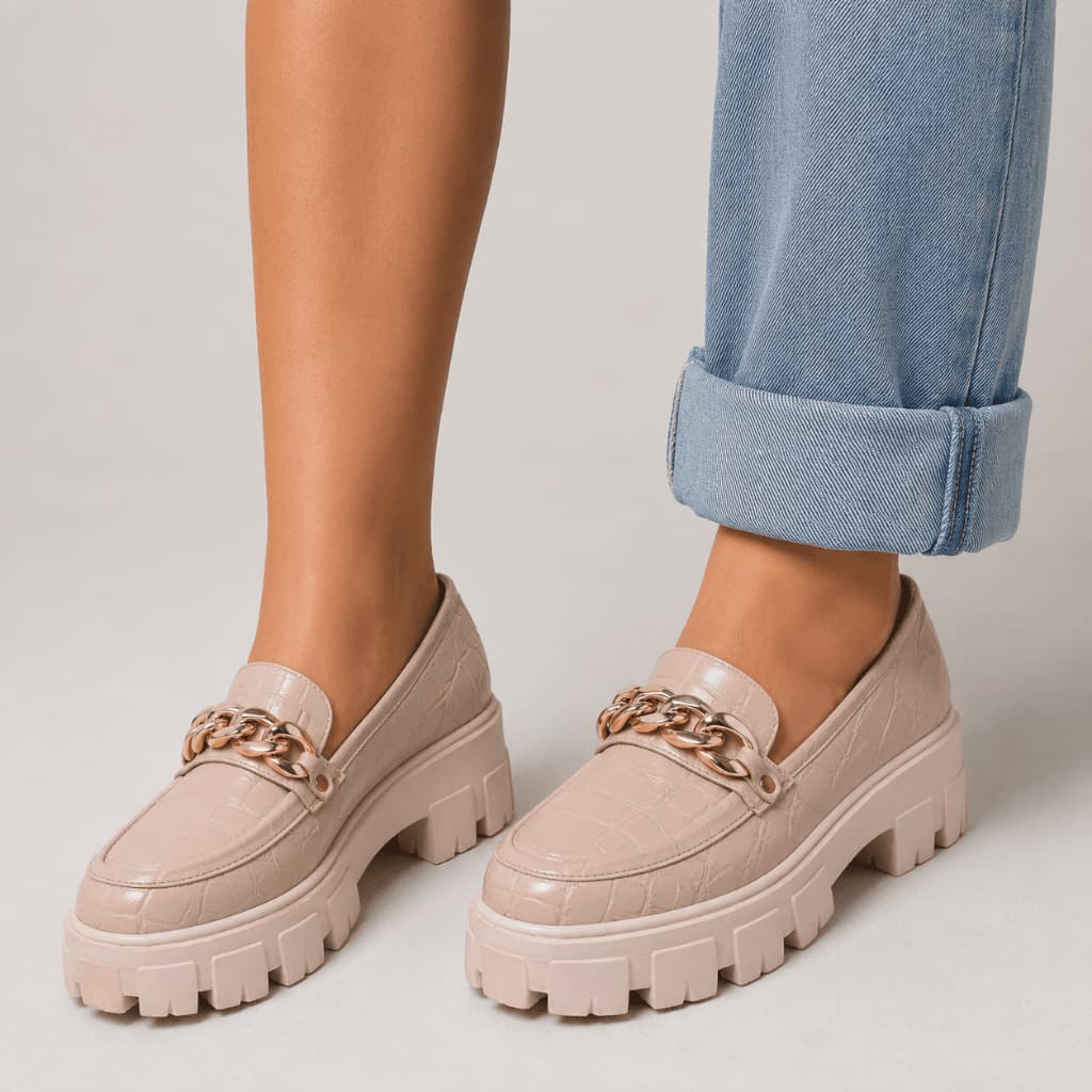 Sapato Feminino Mocassim Oxford Tratorado 190253 Croco Amendoa Detalhe Corrente Dourada  PROMOÇÃO
