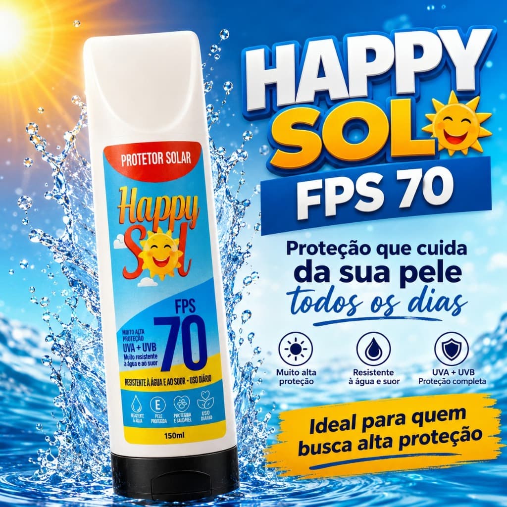 Protetor Solar FPS 70 Happy Sol 150ml  Facial e Corporal Toque Seco Anti Oleosidade  UVA UVB