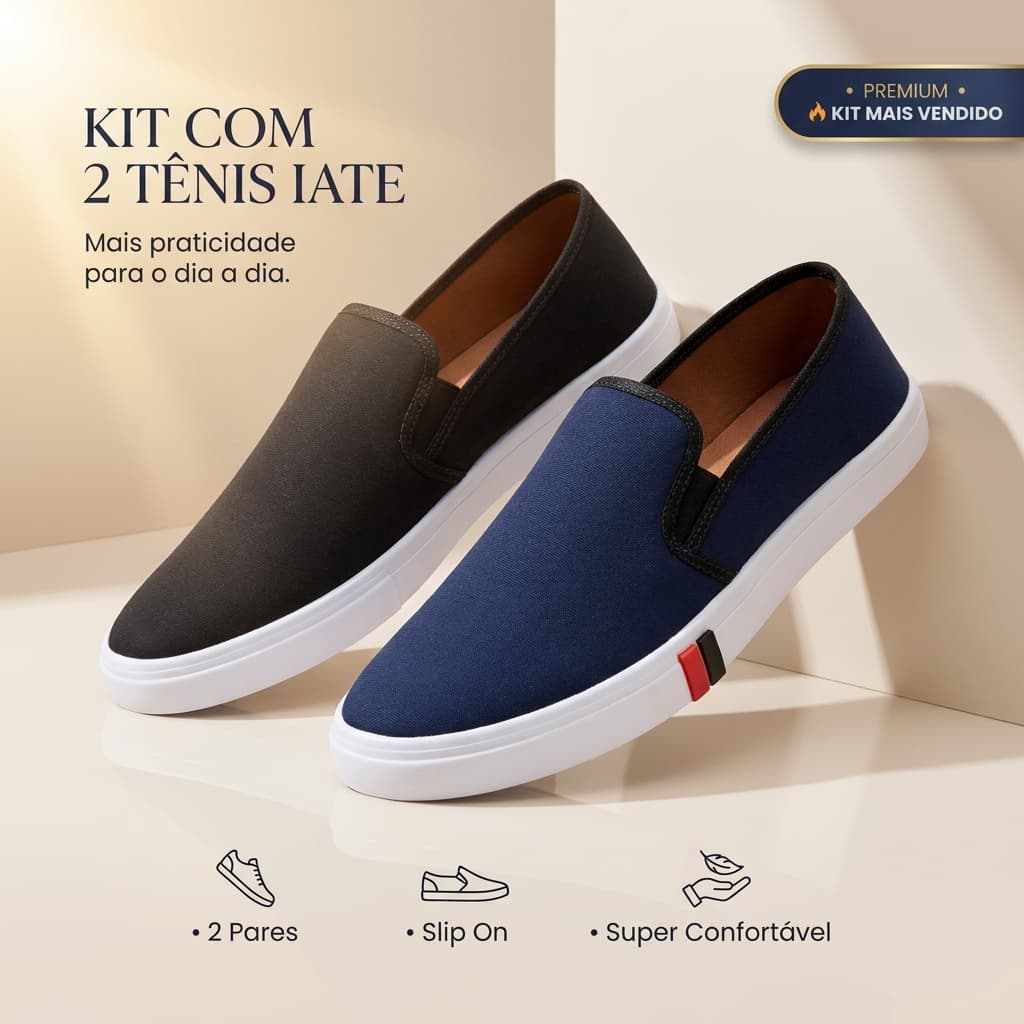 Kit 2 Tênis Iate Masculino Sem Cadarço Slip On Lona Confortável Leve Antiderrapante Casual Dia a Dia Trabalho Promoção
