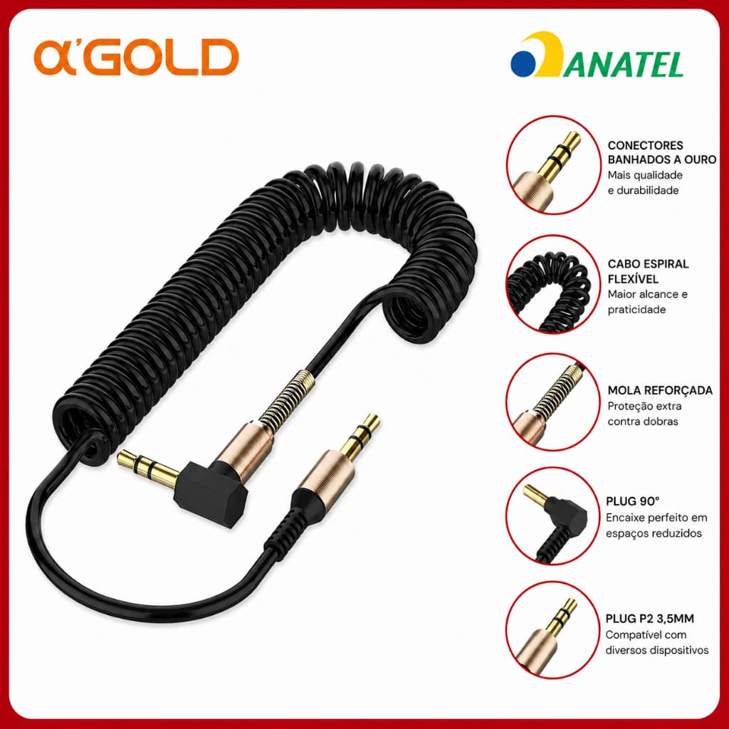 Cabo Áudio P2 3.5mm Espiral 1,8m Som Estéreo Reforçado Para Celular Caixa de Som