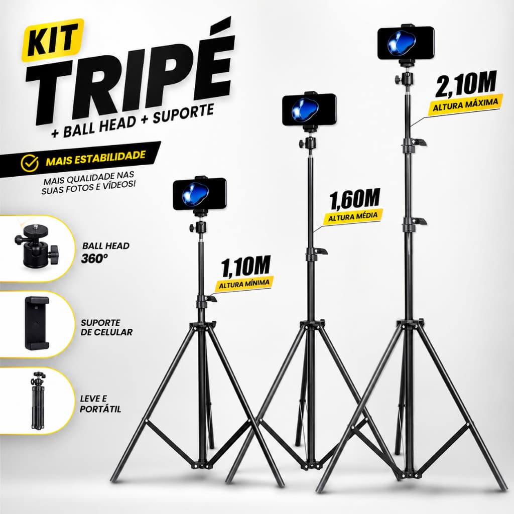 Kit Tripé Profissional 2.10m Com Suporte Celular Ajustável Retrátil Para Gravações TikTok Instagram