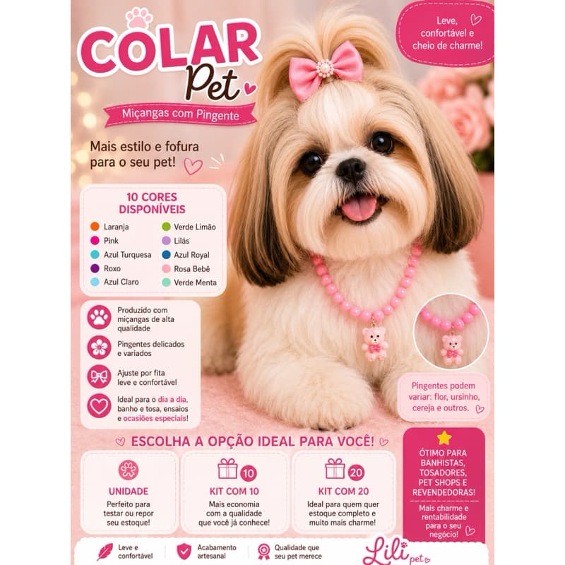 Colar Pet com Miçangas e Pingente – Charme para Cães e Gatos
