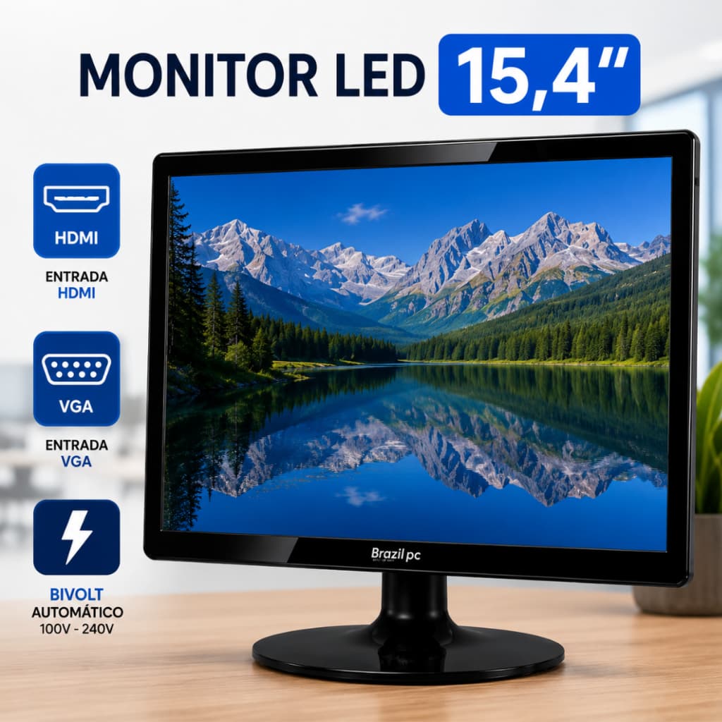 Monitor 15,4 BrazilPC HDMI VGA LED Bivolt VESA para PDV DVR