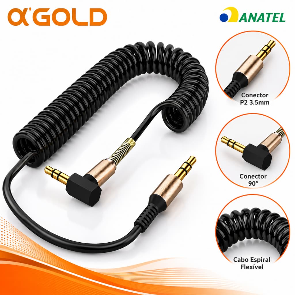 Cabo Auxiliar P2 x P2 Áudio 1,8m Espiral Carro Original A'Gold