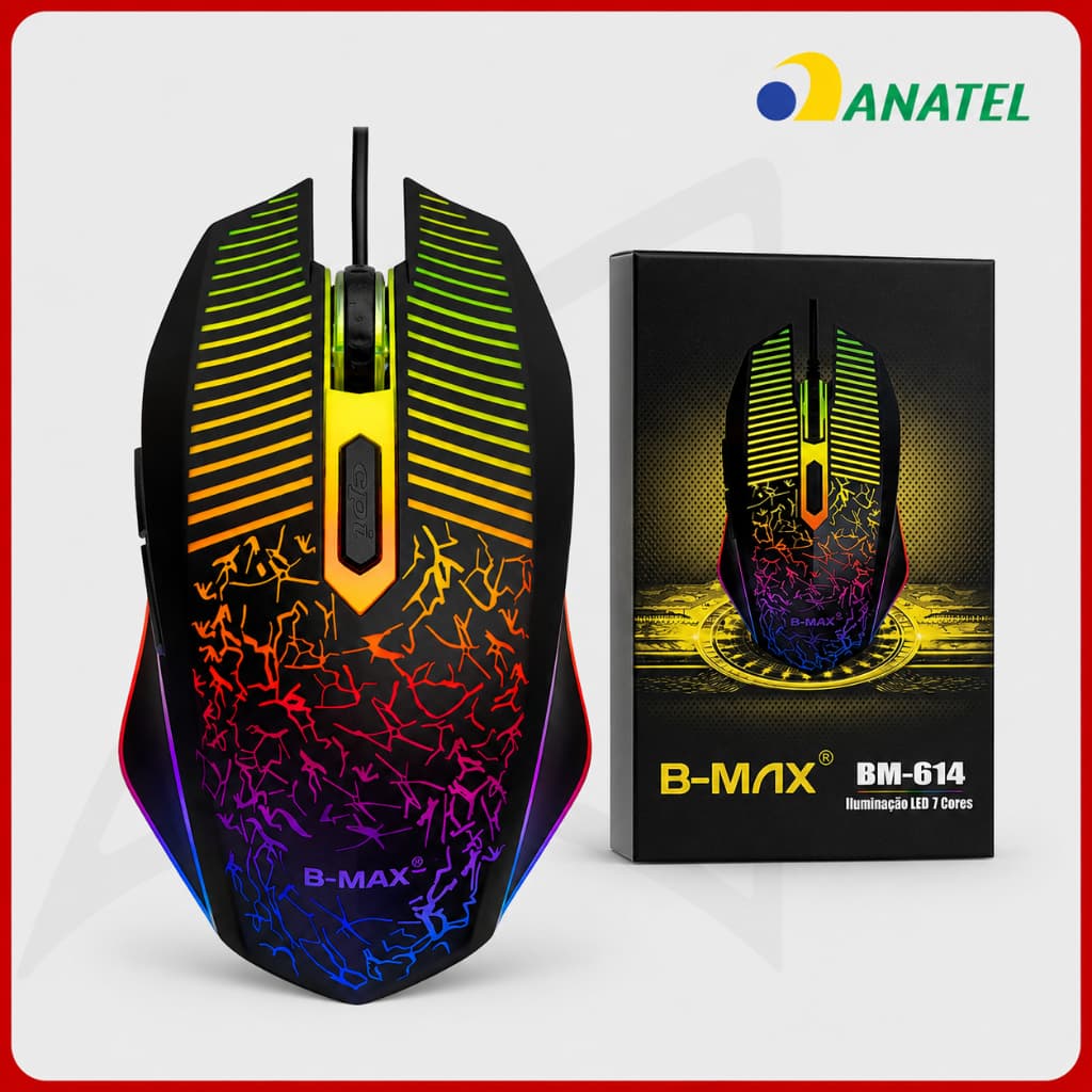 Mouse Gamer USB RGB 3600 DPI 6 Botões Ergonômico Original B-MAX