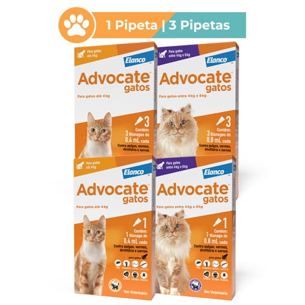 Advocate para Gatos Até 8kg ou Acima de 8kg 1 ou 3 Pipetas Antiparasitário Elanco