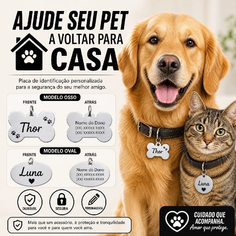 Plaquinha de Identificação Pet Cachorro Gato Formato Redondo INOX