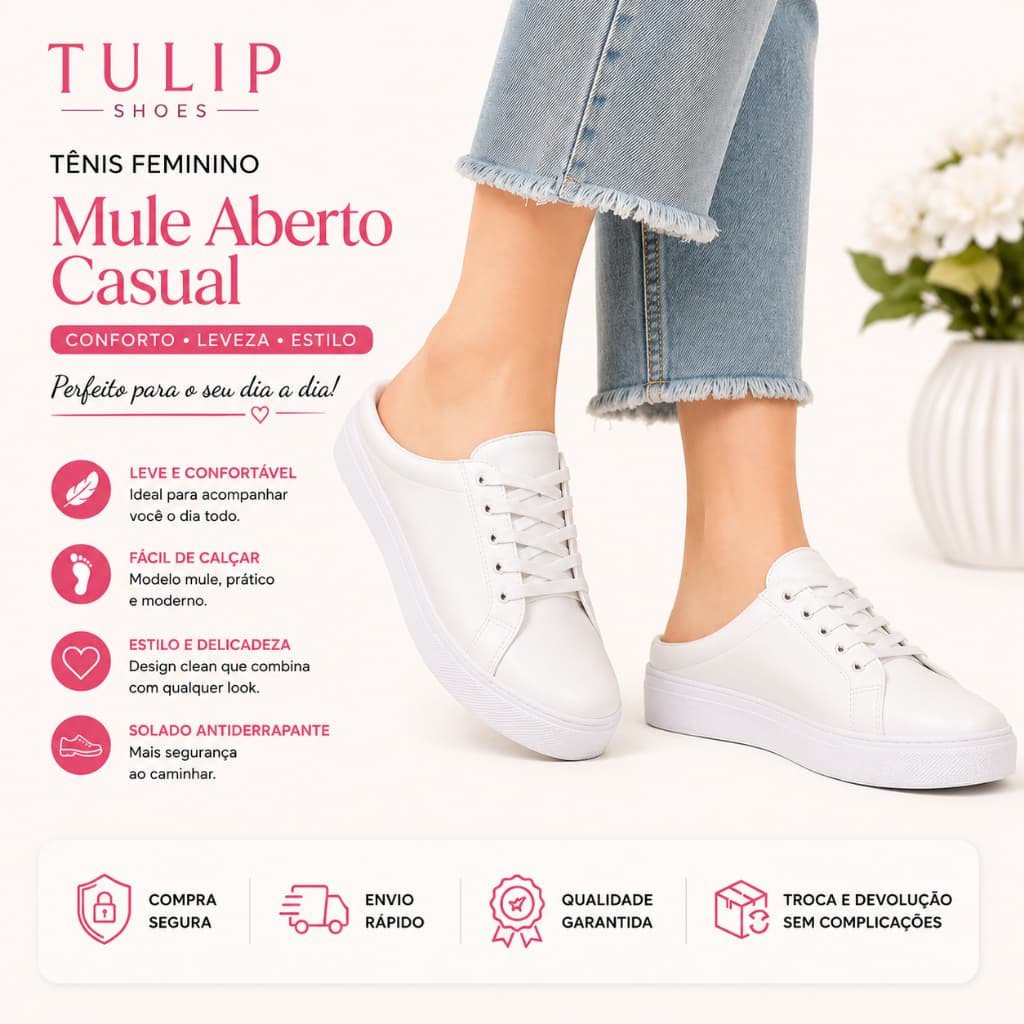 Mule Feminino Tênis Babuche Calce Fácil Branco