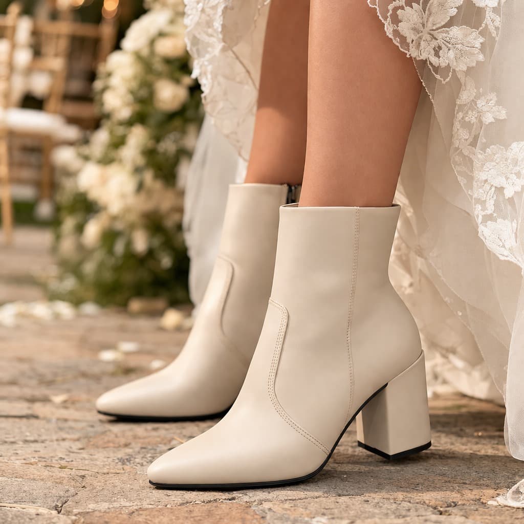 Bota De Casamento Feminina Para Noiva Branca Cano Curto Off White Bico Fino Salto Médio Confortável