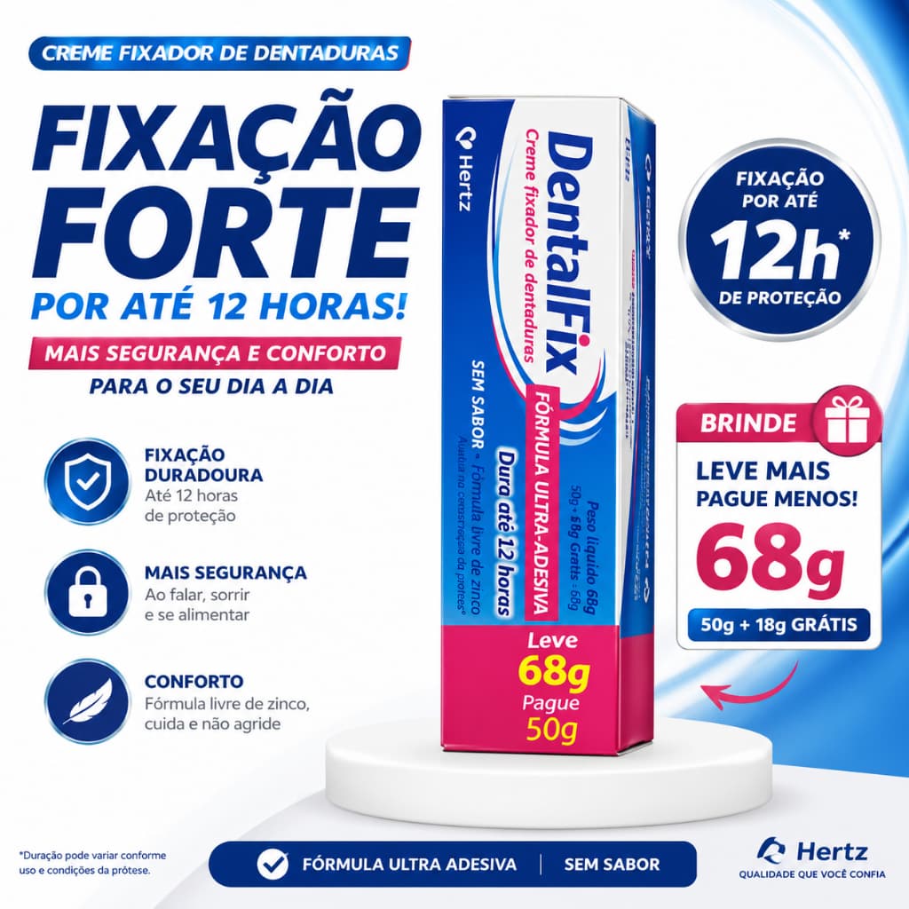 DentalFix Creme Fixador De Dentaduras Ultra Adesivo 68g Dura Até 12h Sem Sabor Livre De Zinco