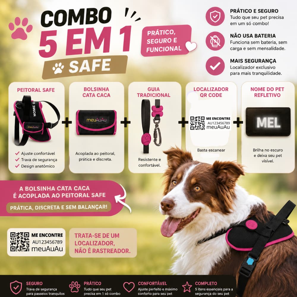 Kit Peitoral Segura para cachorro 5 em 1 com Guia + Nome Personalizado do Pet para todas
