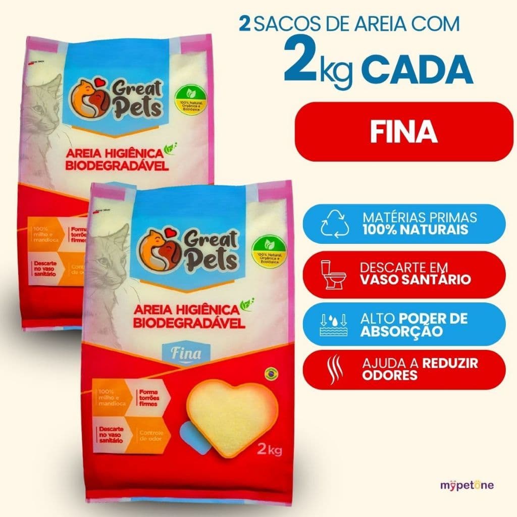 Kit 2 Areia Biodegradável Fina Great Pets para Gatos - 2 Kg
