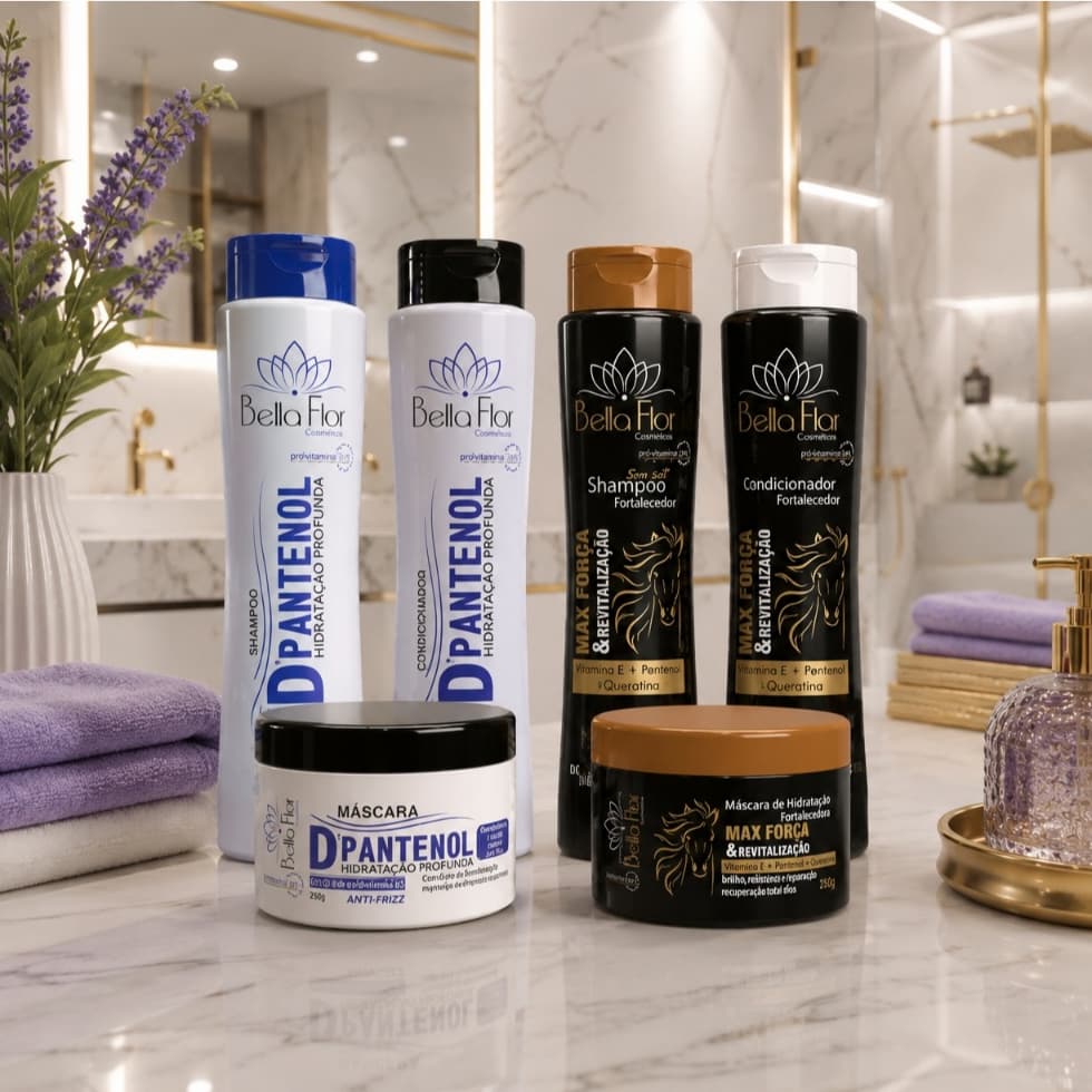 2 Kits Capilar D'Pantenol e Força 6 Produtos (2 Shampoos, 2 Condicionadores e 2 Mascaras) Profissionais - Bella Flor