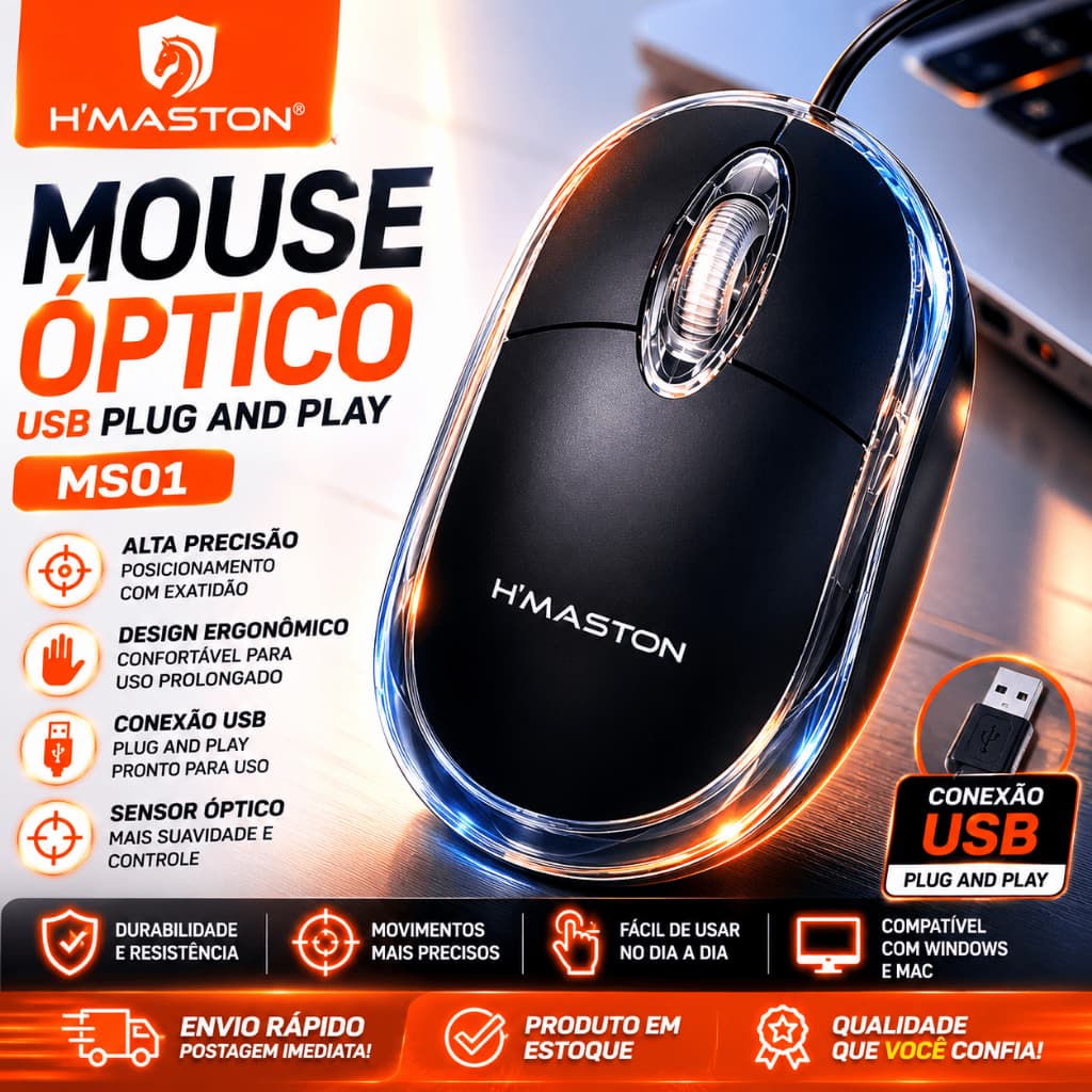 Mouse Com Fio Confortável Silencioso H'maston MS01 1000 Dpi 3 Botões com Led Portatil