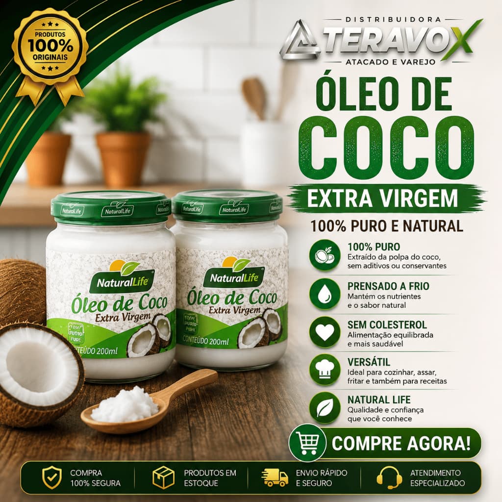 Óleo de Coco Extra Virgem Natural Life 200ml Sem Glúten para Cozinhar e Receitas
