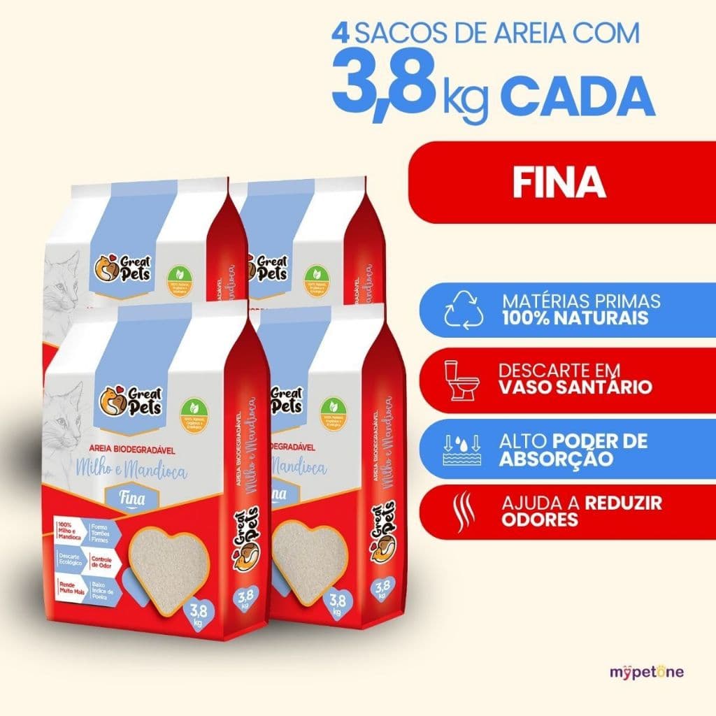 Kit 4 Areia Biodegradável Fina 3,8 Kg  para Gatos - Great Pets 