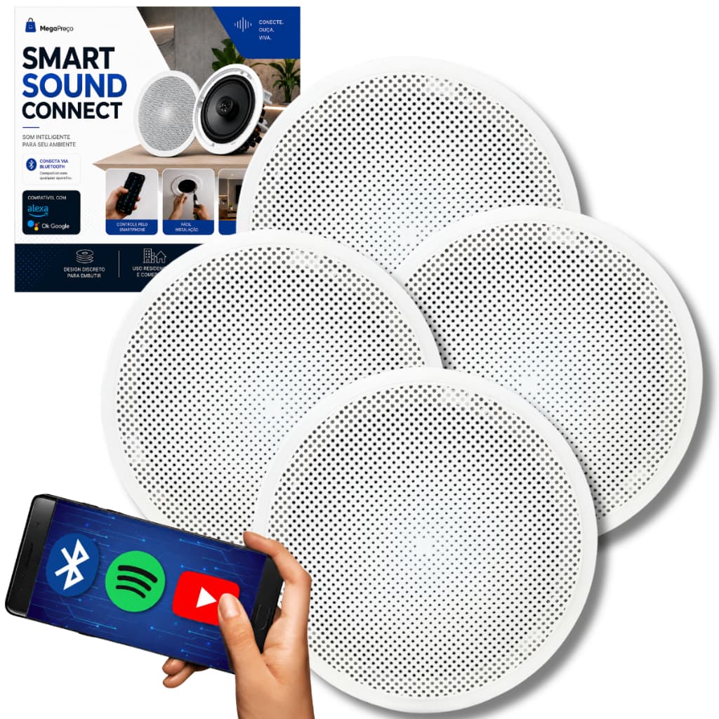Kit Som Ambiente Arandela Acustica Alto Falante Auto Potente Embutir Teto Gesso Parede Ativa Bluetooth + 3 Passivas