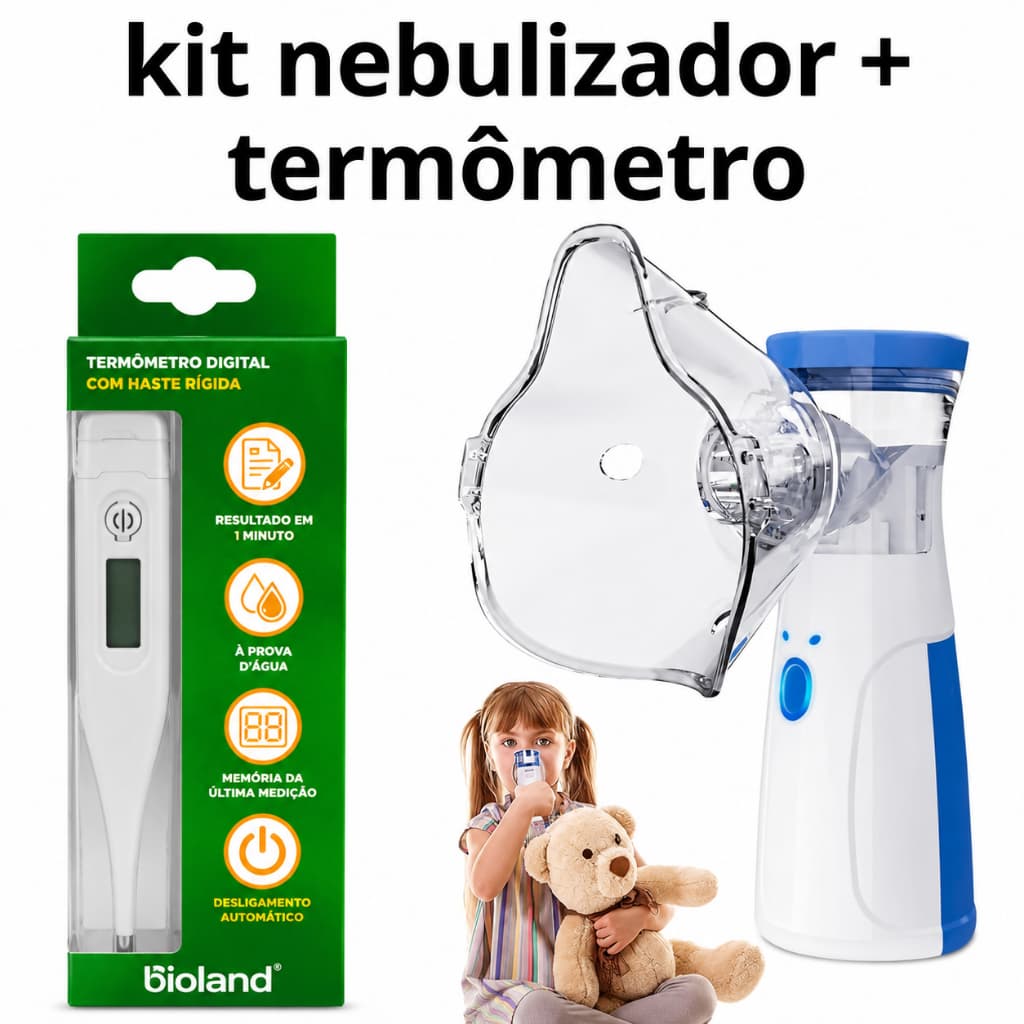kit nebulizador portátil inalador silencioso + termômetro digital bioland