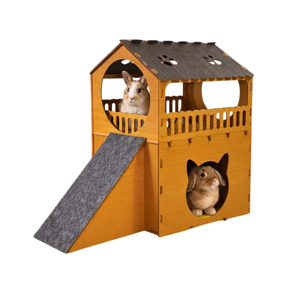 Casinha para Coelho 2 Andares em MDF Toca Playground para Coelhos e Roedores Carpete Antiderrapante