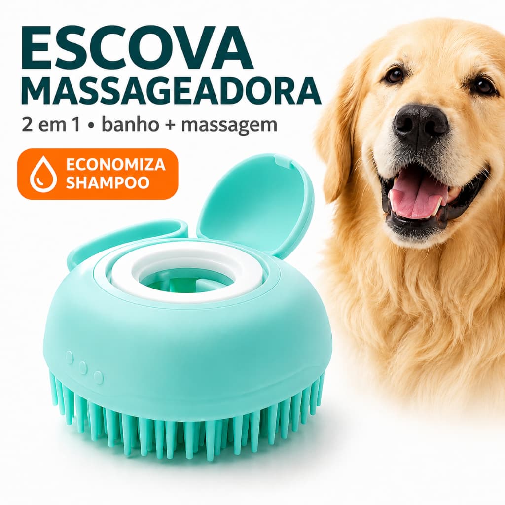 Escova de Banho Pet Silicone com Dispenser de Shampoo para Cachorro e Gato