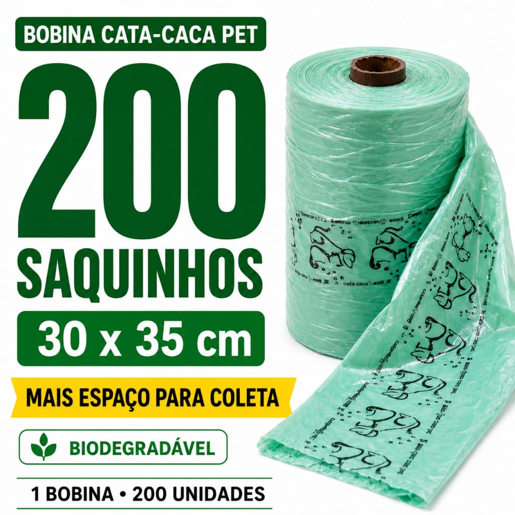 Saquinho Cata Caca Pet 200 Unidades 30x35cm Bobina Verde Para Passeio