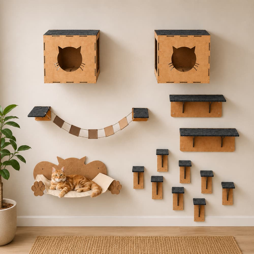 Kit 16 peças Prateleiras Escada Gato Playground Gatil Mdf 4mm Nicho Cama Descanso Pet Ponte Diversão