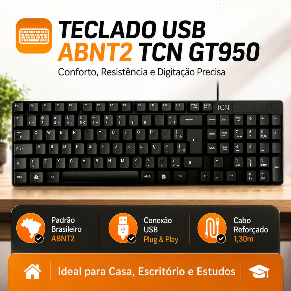 Teclado USB Com Fio Slim TCN ABNT2 105 Teclas Preto Padrão Brasileiro PC Notebook