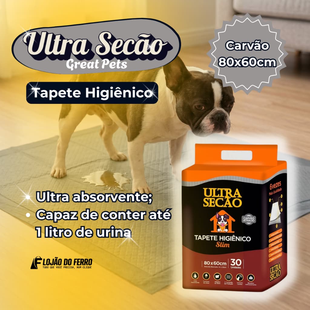 Tapete Higiênico Cachorro Carvão Ativado 80x60 30un Ultra Secão GreatPets