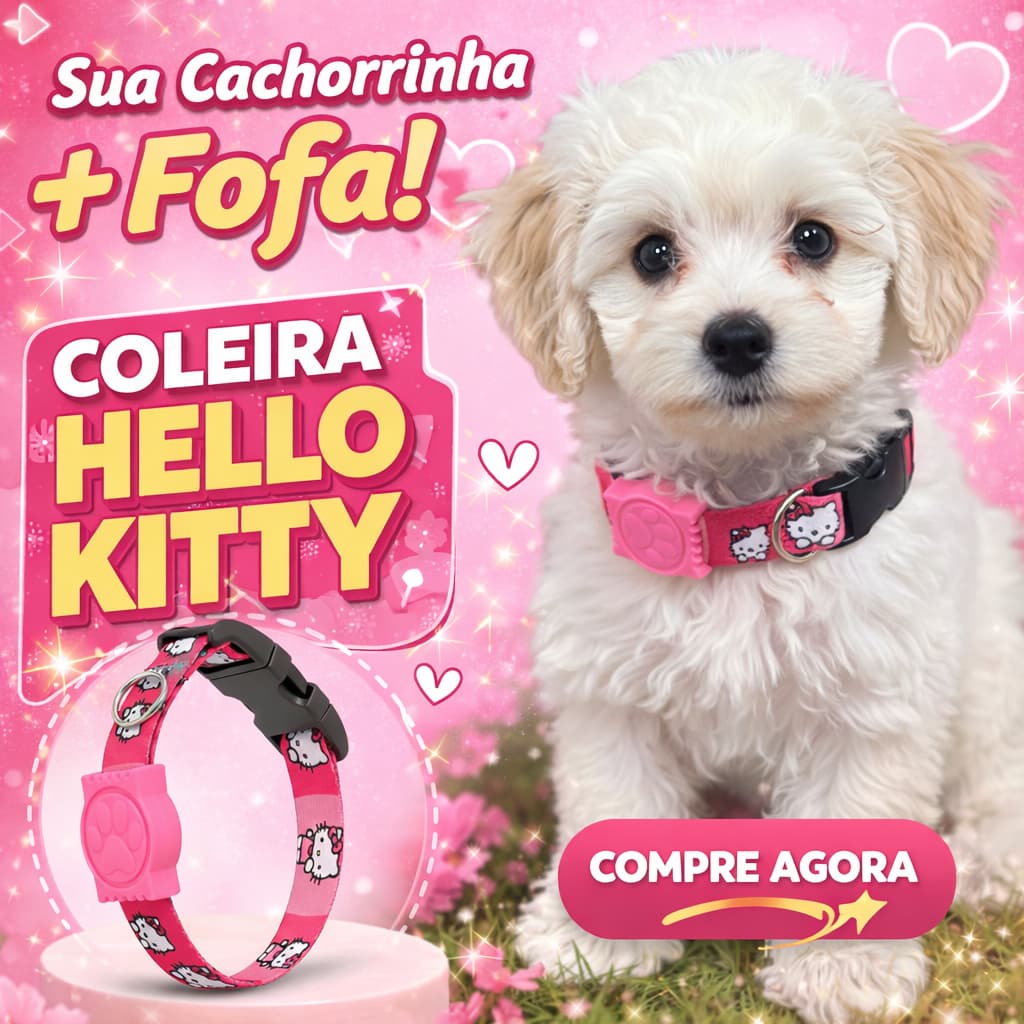 Coleira Hello Kitty Para Gatos e Cachorros Femea Tamanho Regulável Antienforcamento