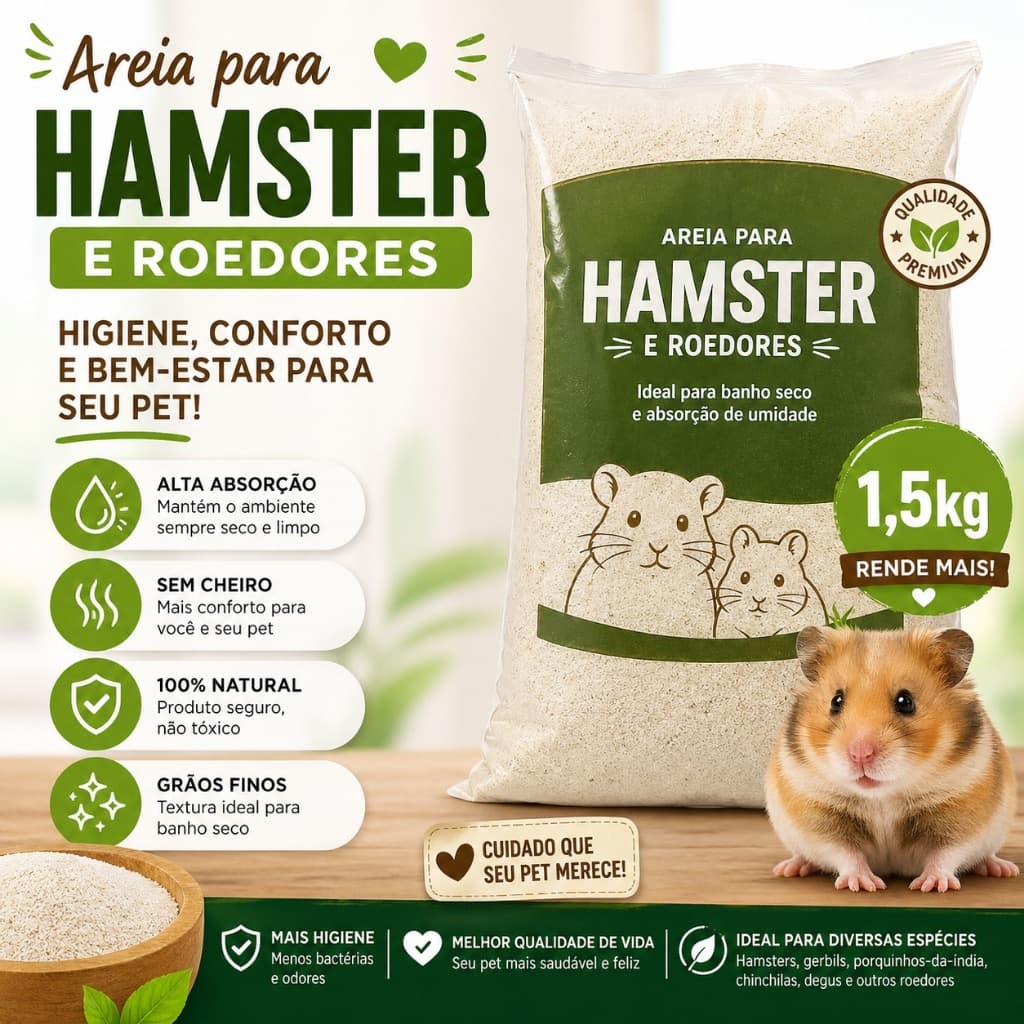 Areia para Hamster 1,5kg Banho Seco Roedores Alta Absorção Sem Cheiro Não Tóxica Alta Qualidade