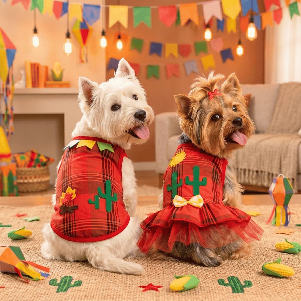 Roupa Pet Festa Junina Cachorro Regata Vestido Xadrez Cactos Bandeirinha Fantasia São João
