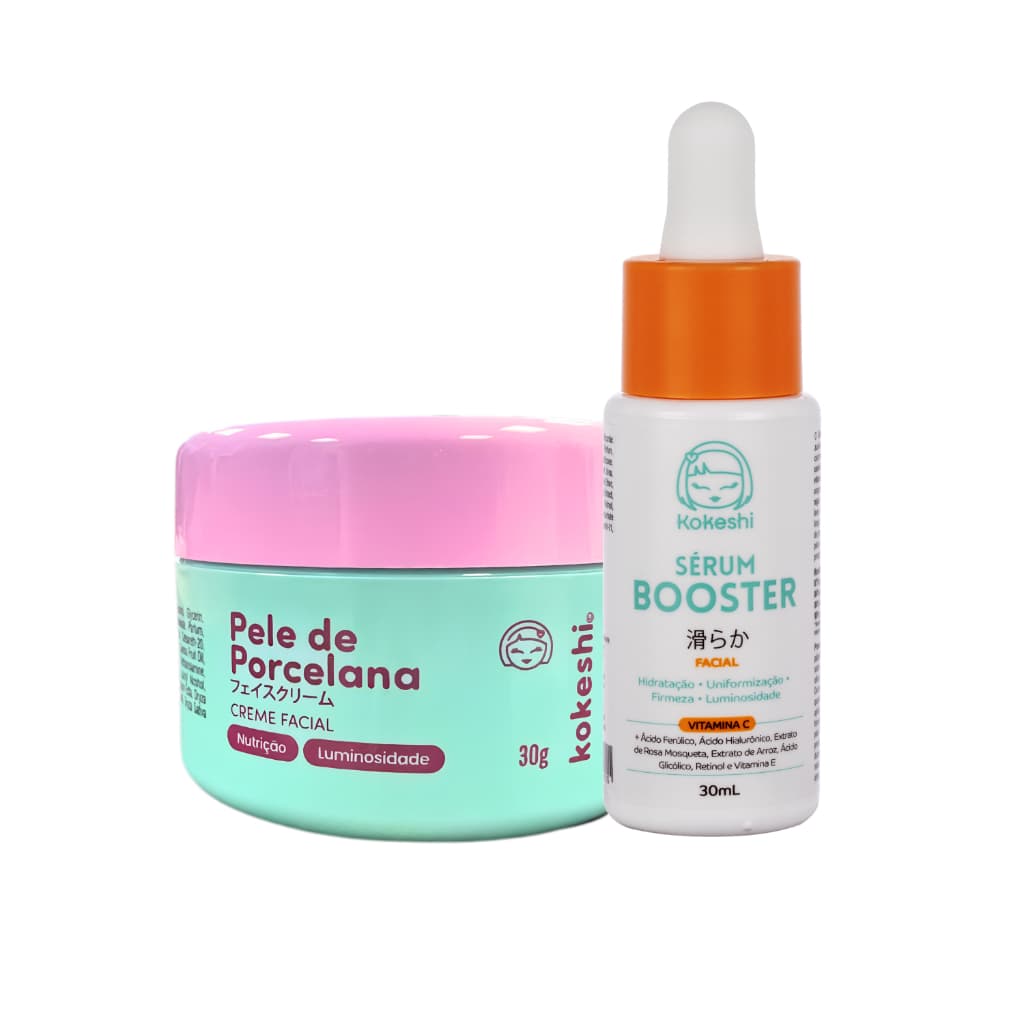Kit Skincare Facial Kokeshi Sérum Booster e Creme Pele de Porcelana