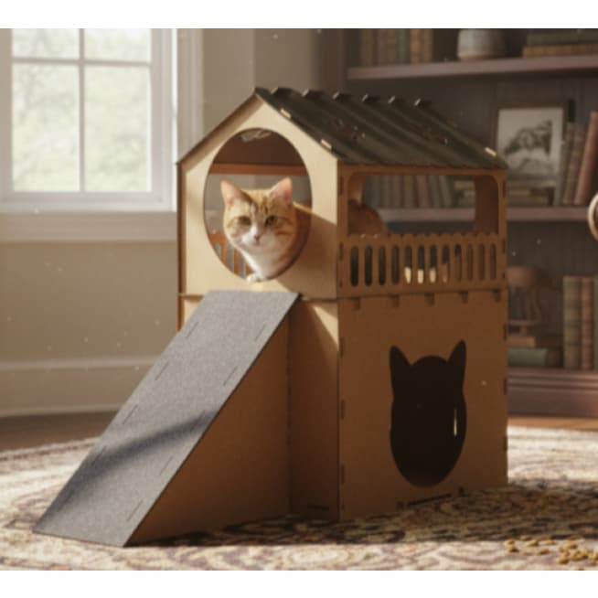 Casinha de Gato MDF CRU 2 Andares com Rampa Arranhador Telhado Cor Preta Gato Madeira Grande Dormir