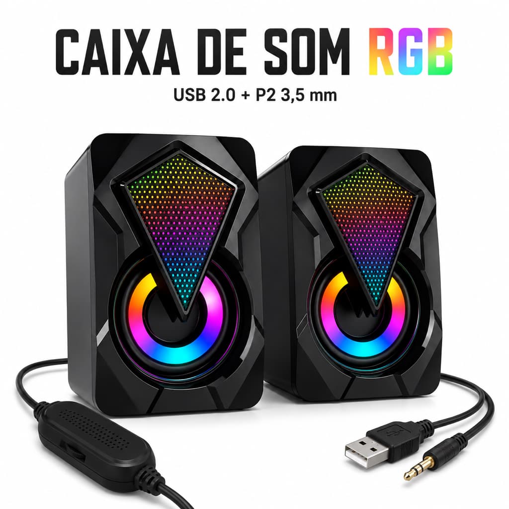 Caixa de Som para Computador Notebook P2 USB 360 Surround Com Cabo Gamer Led 5cm Cada