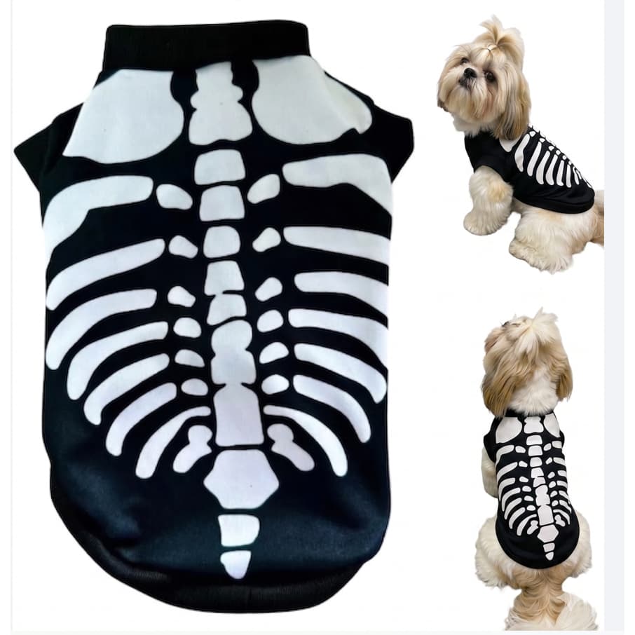 Roupa pet Halloween Regata Esqueleto fantasia cachorro roupinha caveira rock caveira ossos